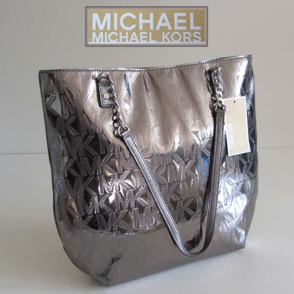 new MICHAEL KORS Jet Set Chain nickel mirror metallic logo tote
